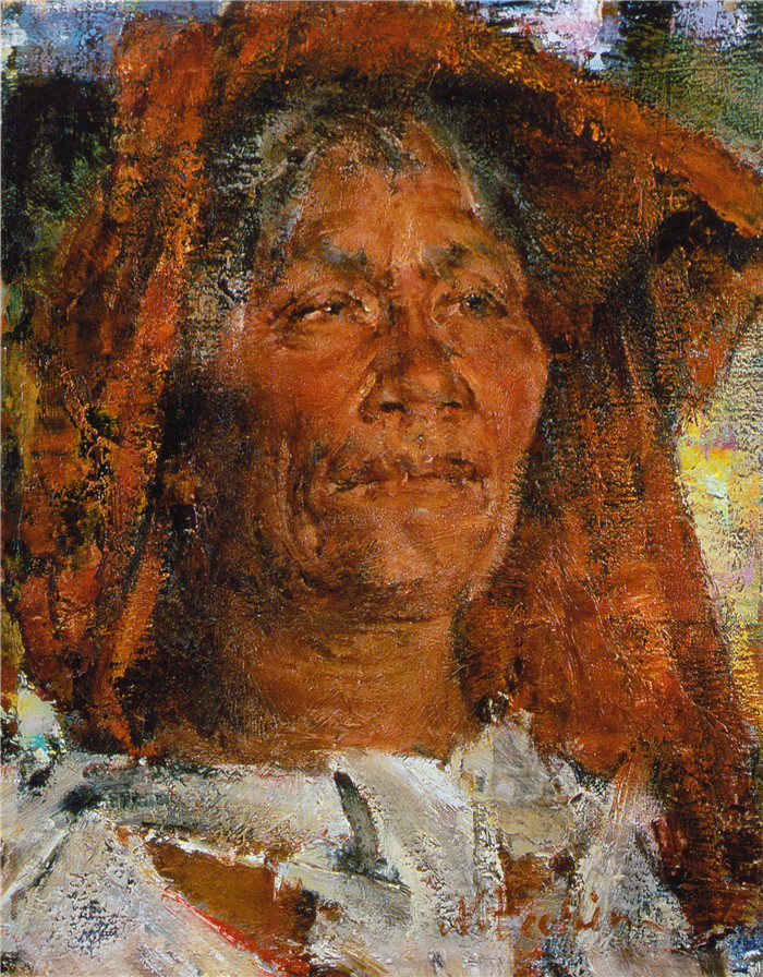 尼古拉·费欣(Nicolai Fechin)高清作品-戴头巾的老人头像 (1927-1933)