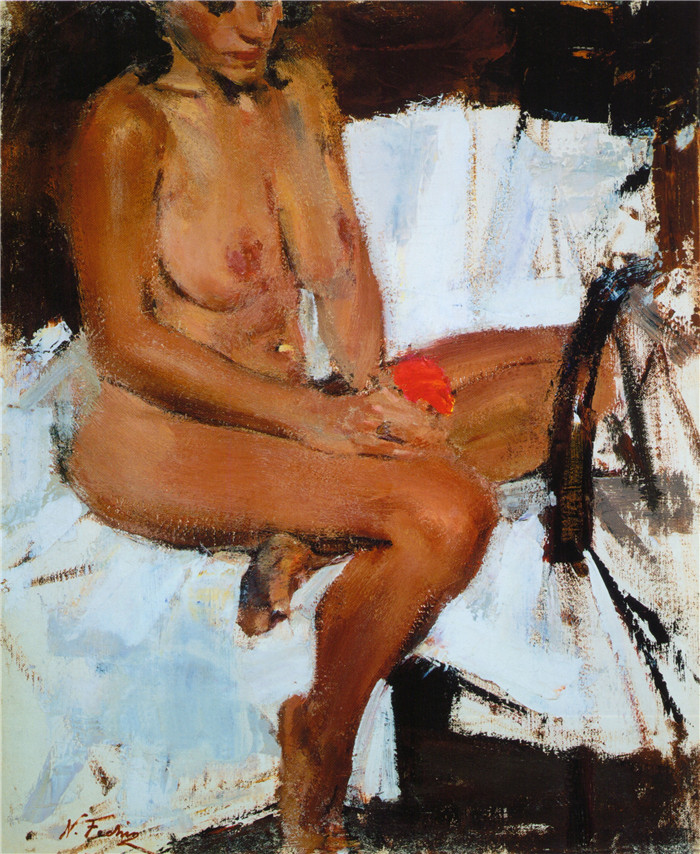 尼古拉·费欣(Nicolai Fechin)高清作品-坐在床上的裸女
