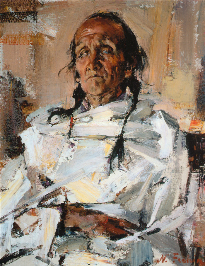尼古拉·费欣(Nicolai Fechin)高清作品-扎辫子的印第安老人(1926)