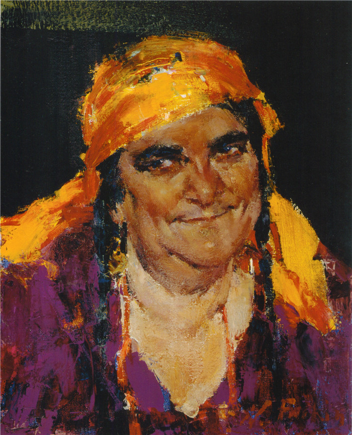 尼古拉·费欣(Nicolai Fechin)高清作品-带黄头巾的女人头像