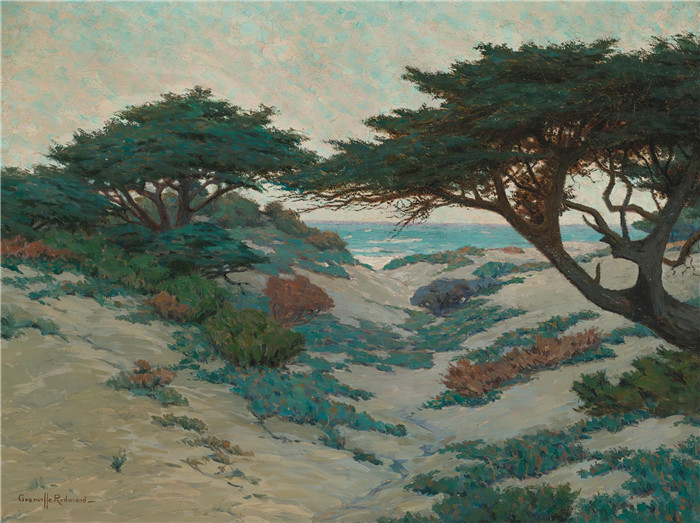 格兰维尔·雷德蒙德（Granville Redmond）高清作品-卡梅尔海岸（卡梅尔沙丘和柏树）