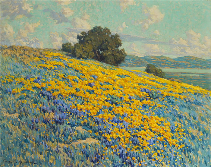 格兰维尔·雷德蒙德（Granville Redmond）高清作品-加州风景与罂粟花和羽扇豆