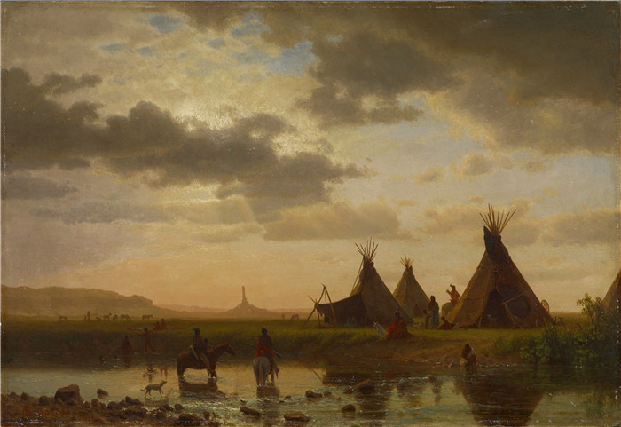 阿尔伯特·比尔施塔特（Albert Bierstadt）高清油画-iew of Chimney Rock, Ogalillalh Sioux Village in Foreground