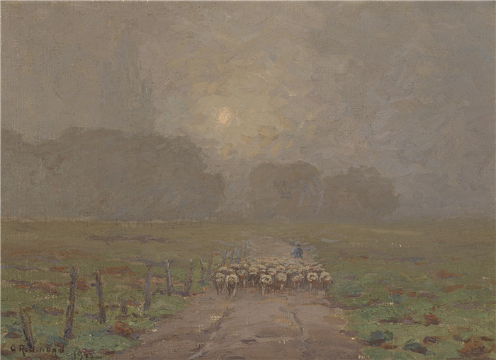 格兰维尔·雷德蒙德（Granville Redmond）高清作品-牧羊人在薄雾中放羊