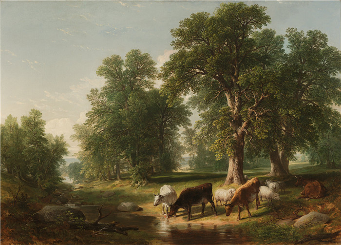 阿尔伯特·比尔施塔特（Albert Bierstadt）高清油画-喝水的牛羊