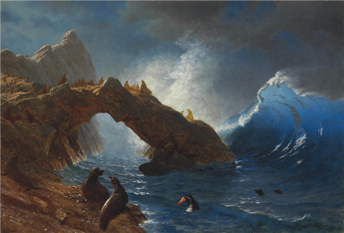 阿尔伯特·比尔施塔特（Albert Bierstadt）高清油画-岩石上的海豹