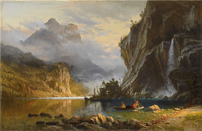 阿尔伯特·比尔施塔特(Albert Bierstadt)高清油画-印第安人矛钓鱼