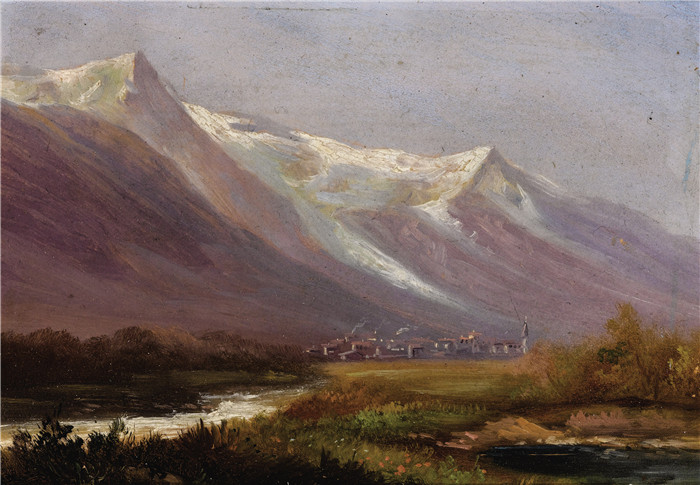 阿尔伯特·比尔施塔特（Albert Bierstadt）高清油画-山景与房子