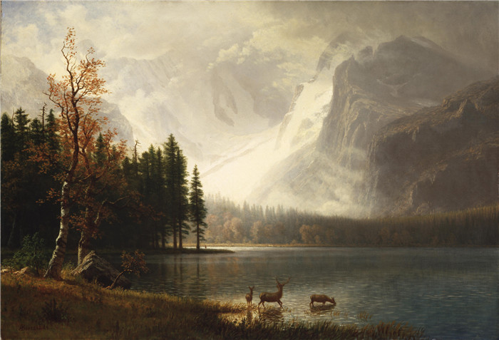 阿尔伯特·比尔施塔特（Albert Bierstadt）高清油画-河边的羊