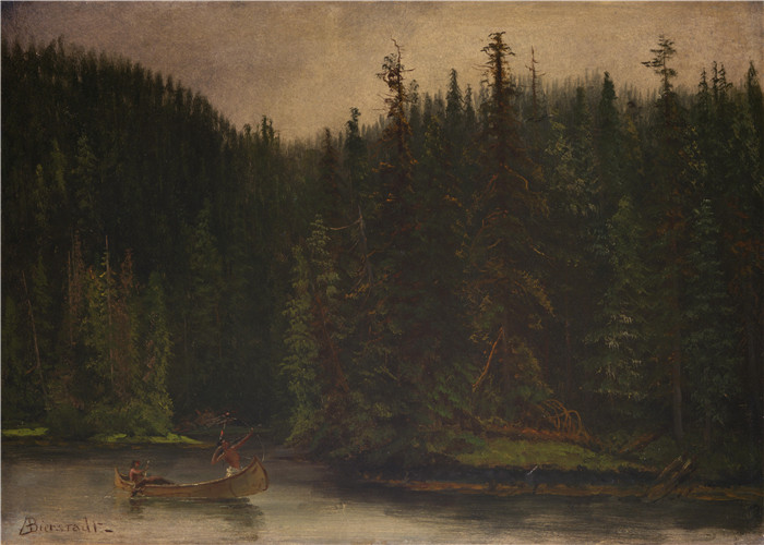 阿尔伯特·比尔施塔特(Albert Bierstadt)高清油画-独木舟上的印度猎人