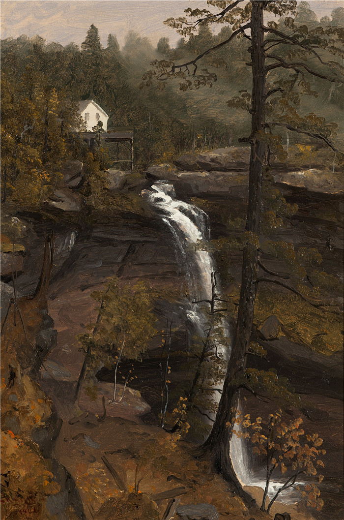 阿尔伯特·比尔施塔特（Albert Bierstadt）高清油画-瀑布与房子