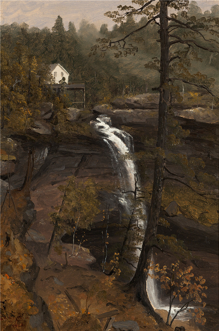 阿尔伯特·比尔施塔特(Albert Bierstadt)高清油画-瀑布与房子