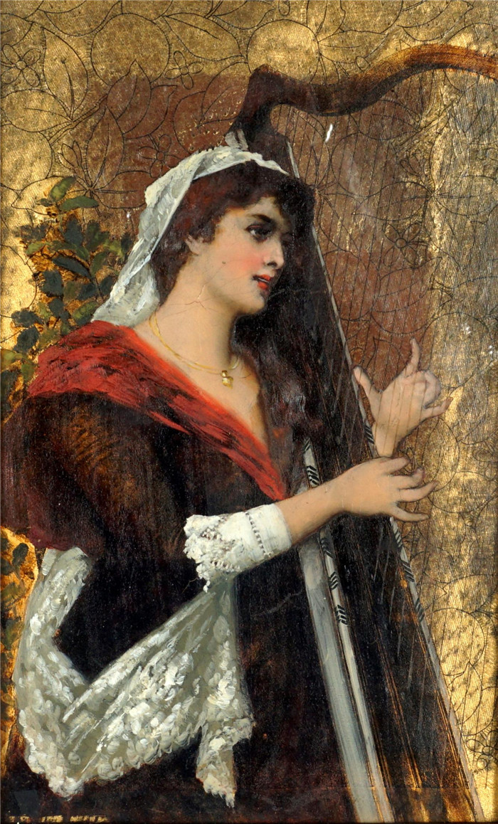 康拉德·基塞尔（Conrad Kiesel）高清作品-竖琴女人肖像