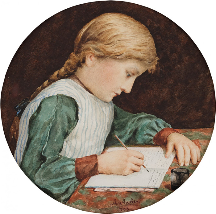 阿尔伯特·安克（Albert Anker）高清作品-写作女孩，1906年
