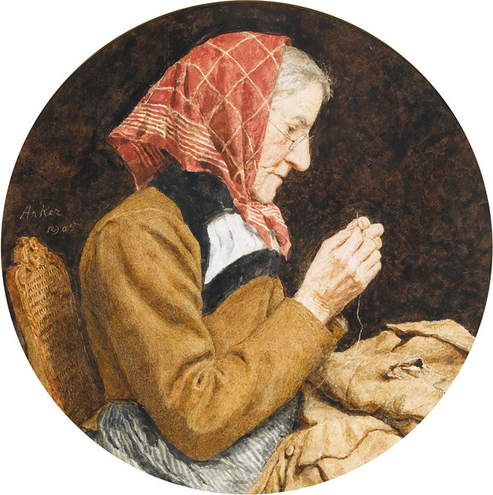 阿尔伯特·安克（Albert Anker）高清作品-坐着的奶奶补衣服