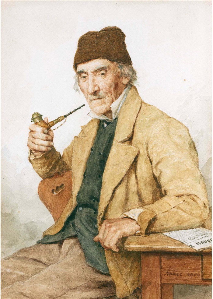阿尔伯特·安克（Albert Anker）高清作品-有烟斗的祖父，1906