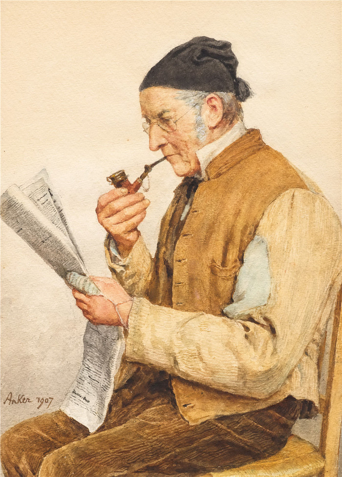 阿尔伯特·安克（Albert Anker）高清作品-爷爷在看报纸  1907