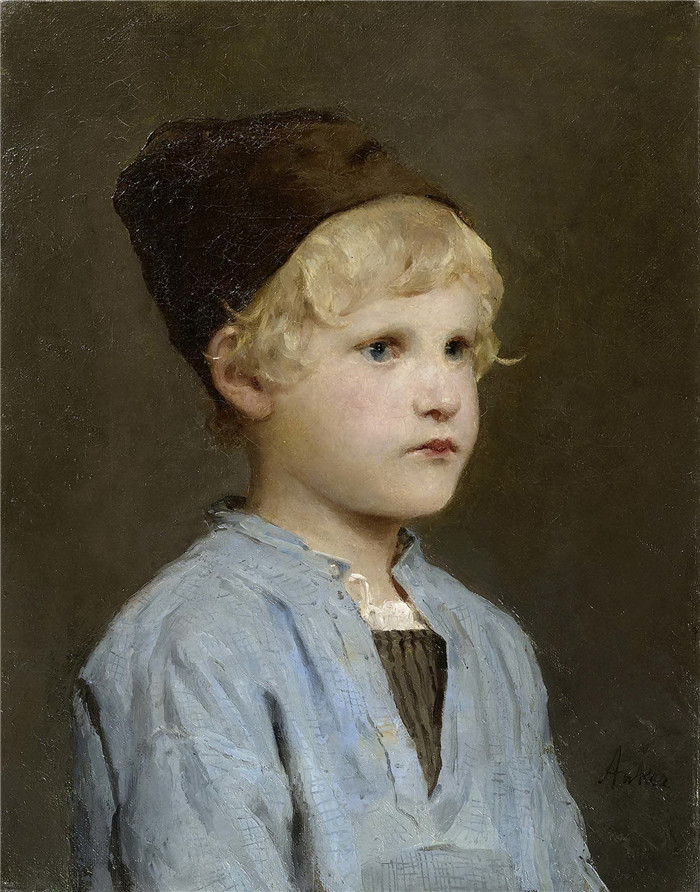 阿尔伯特·安克（Albert Anker）高清作品-一个戴帽子的男孩的肖像