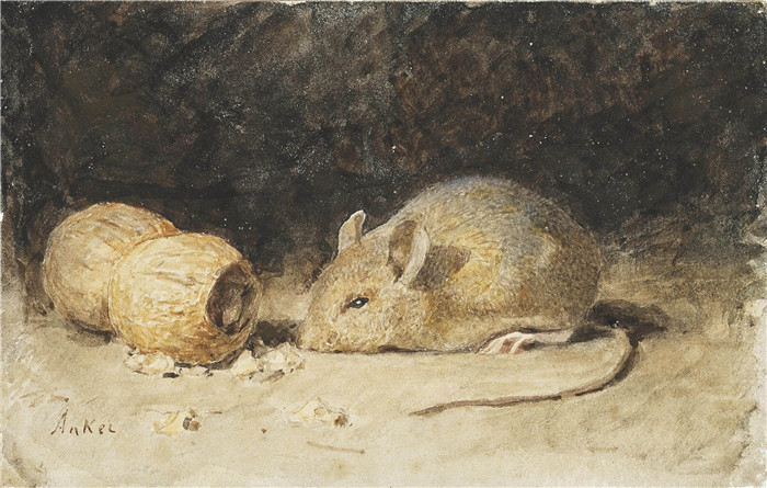 阿尔伯特·安克（Albert Anker）高清作品-一只带花生的老鼠