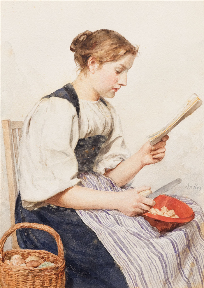 阿尔伯特·安克（Albert Anker）高清作品-一个年轻的女人在削土豆，看书
