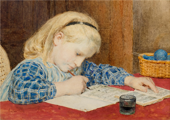 阿尔伯特·安克（Albert Anker）高清作品-写作女孩 1902