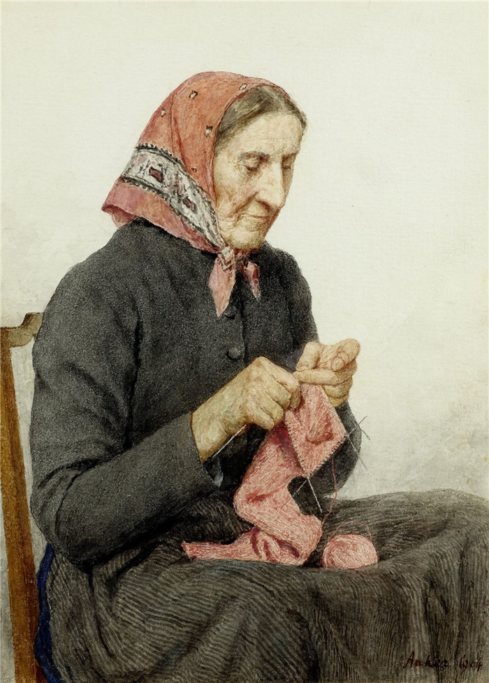 阿尔伯特·安克（Albert Anker）高清作品-坐着的农民妇女编织 1904