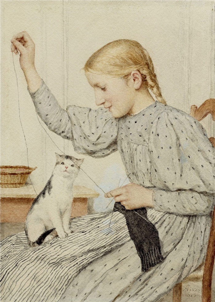 阿尔伯特·安克（Albert Anker）高清作品-坐着的女孩与猫1903