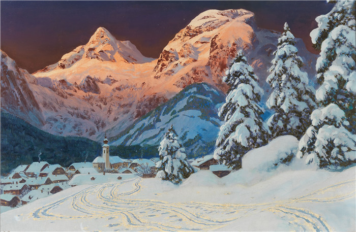 阿洛伊斯·阿内格(Alois Arnegger)高清作品-《Lofer上的冬天》, 60 x 90 cm