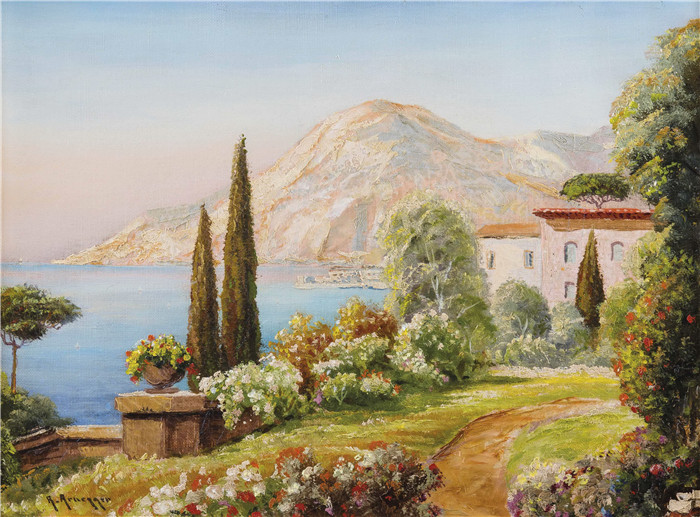 阿洛伊斯·阿内格(Alois Arnegger)高清作品-Amalfi海岸的夏日. 30 x 40 cm