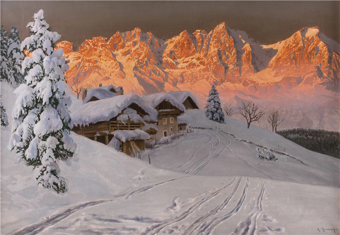 阿洛伊斯·阿内格(Alois Arnegger)高清作品-冬日傍晚的山地农场