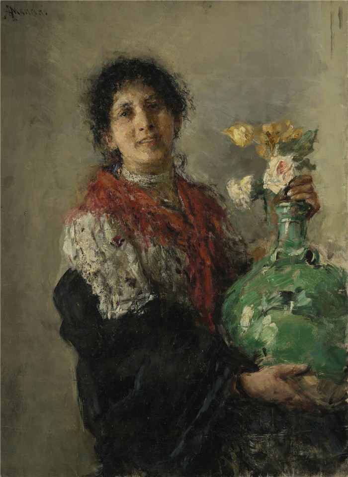 安东尼奥·曼奇尼(Antonio Mancini) 高清油画-戴着绿色花瓶的女人1895年