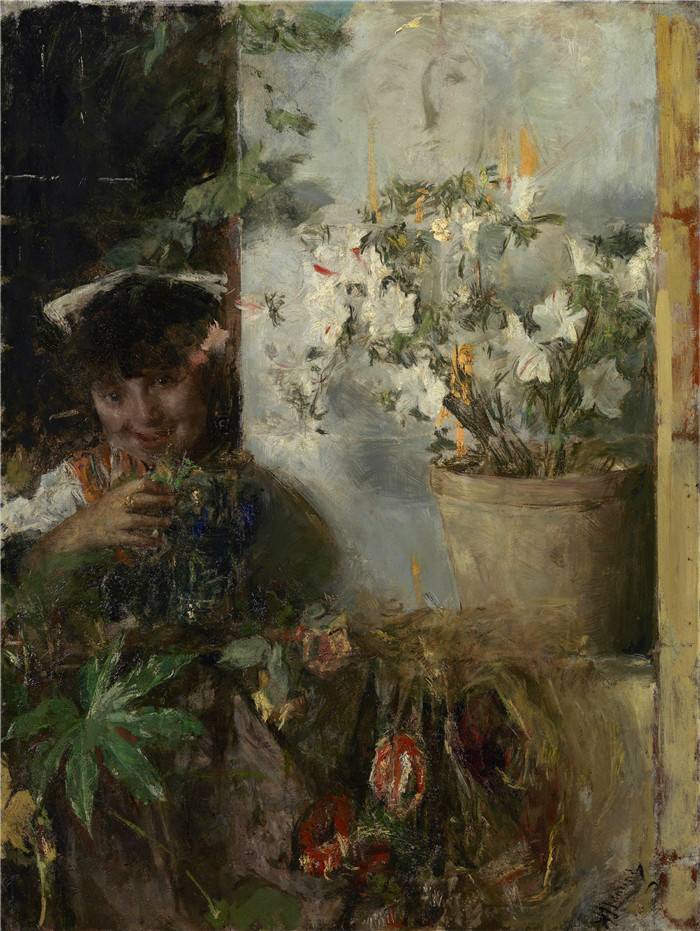 安东尼奥·曼奇尼(Antonio Mancini) 高清油画-《带花的女孩》，1883年
