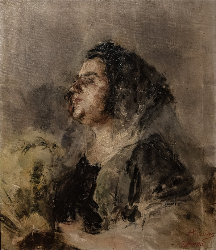 安东尼奥·曼奇尼(Antonio Mancini) 高清油画-《披着面纱的女人肖像》，1922年