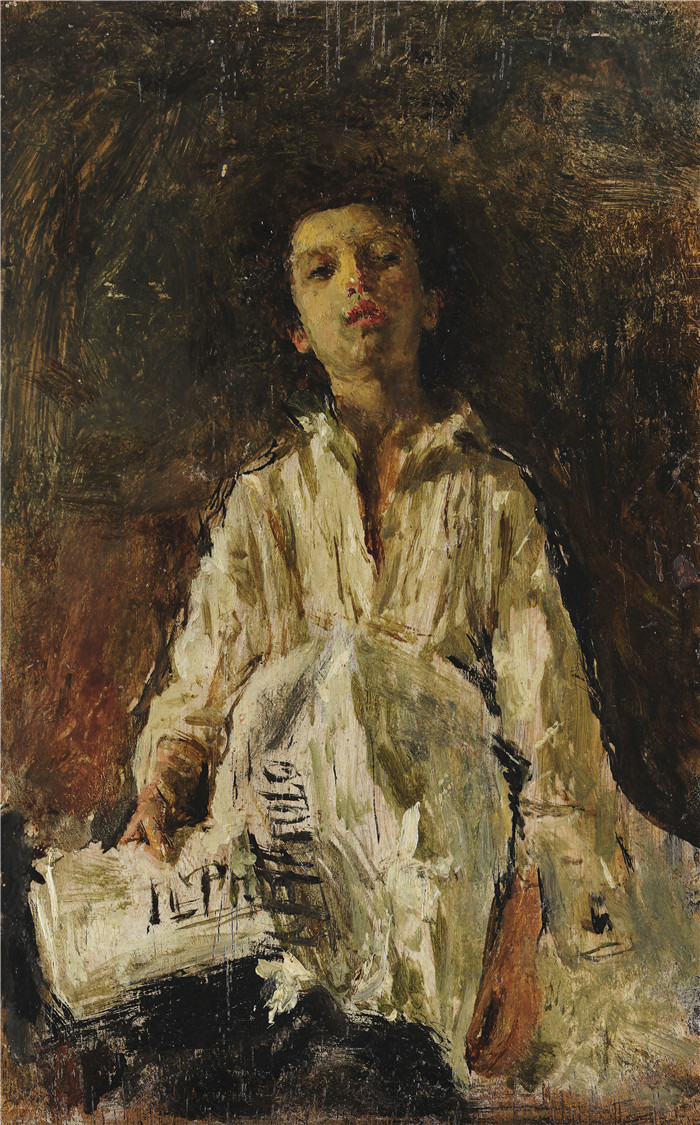 安东尼奥·曼奇尼(Antonio Mancini) 高清油画-《新闻代理人》，1916年