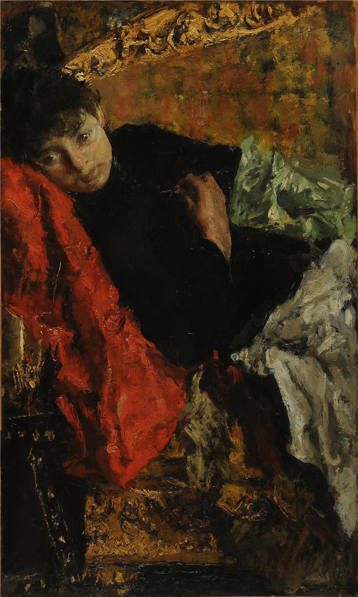 安东尼奥·曼奇尼(Antonio Mancini) 高清油画-沉思的女孩,1888-90