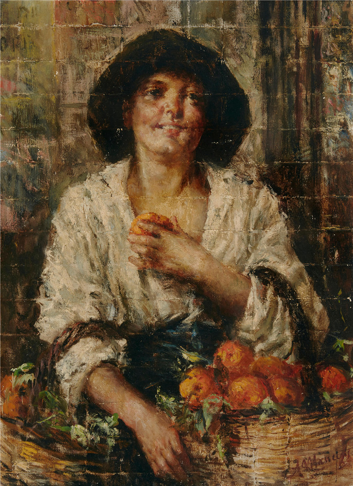 安东尼奥·曼奇尼(Antonio Mancini) 高清油画-橙色卖家,1880年