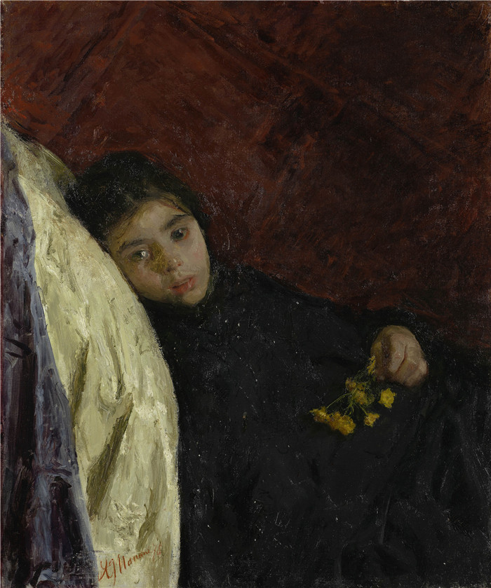 安东尼奥·曼奇尼(Antonio Mancini) 高清油画-《病童》，1875年