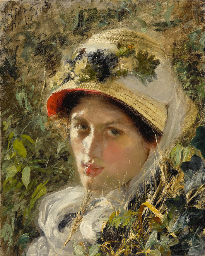 安东尼奥·曼奇尼(Antonio Mancini) 高清油画-戴草帽的女人,1880年