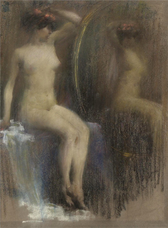 安东尼奥·曼奇尼(Antonio Mancini) 高清油画-镜子前的阿米莉亚,1915年