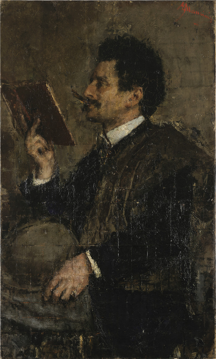 安东尼奥·曼奇尼(Antonio Mancini) 高清油画-评论家Saverio Kambo的肖像，1883年