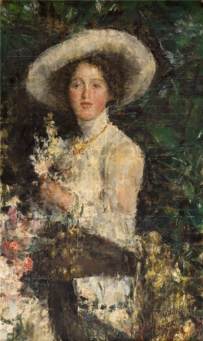 安东尼奥·曼奇尼(Antonio Mancini) 高清油画-伊迪·菲利普斯小姐肖像，1909年