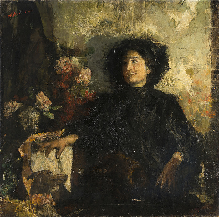 安东尼奥·曼奇尼(Antonio Mancini) 高清油画-一位女士的肖像