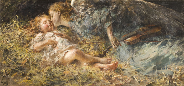 安东尼奥·曼奇尼(Antonio Mancini) 高清油画-天使音乐家，1900-1905