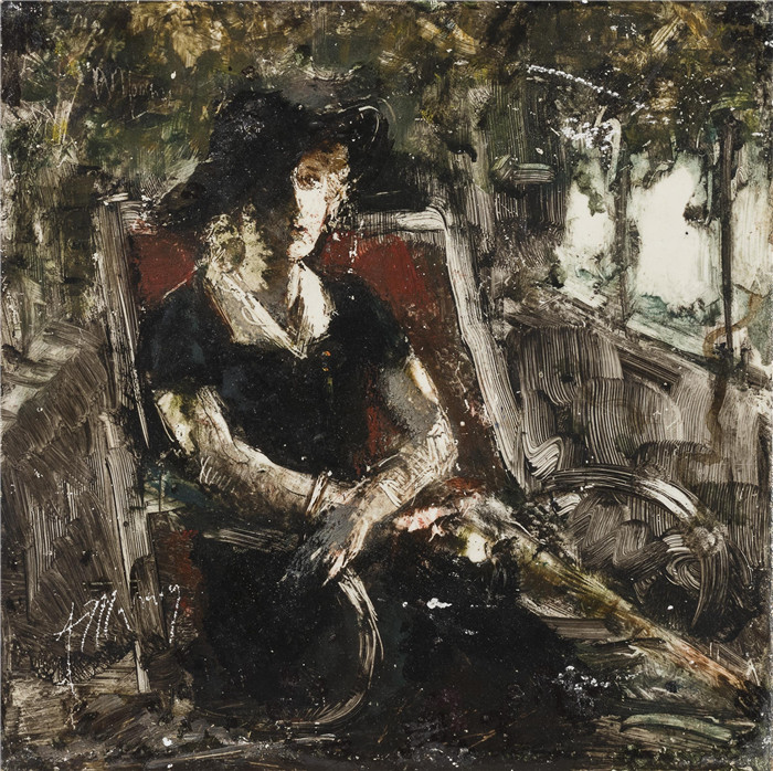 安东尼奥·曼奇尼(Antonio Mancini) 高清油画-阳台上一位女士的肖像