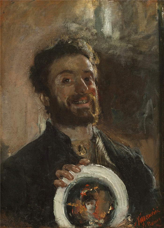 安东尼奥·曼奇尼(Antonio Mancini) 高清油画-自画像，1882-83