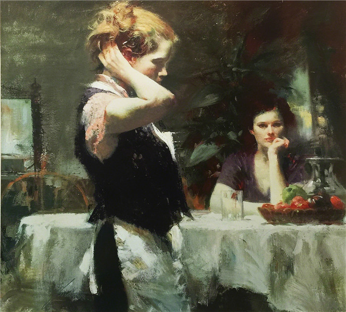 皮诺·德埃尼（Pino Daeni）油画高清-桌边的女人