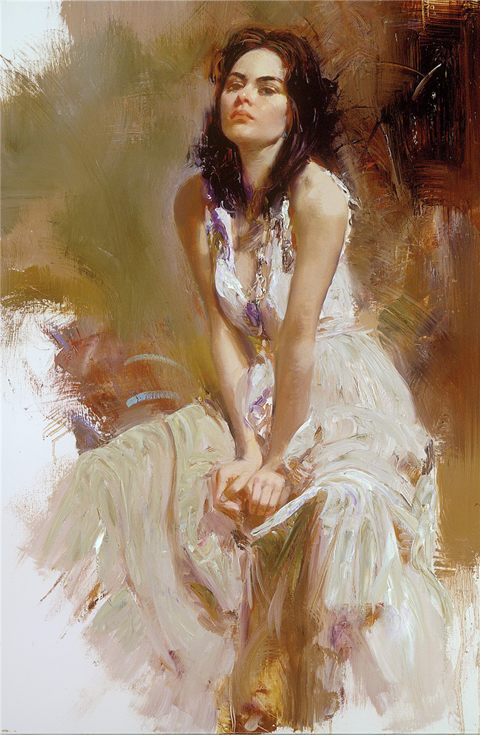 皮诺·德埃尼（Pino Daeni）油画高清-穿白裙子的女人