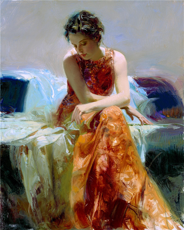 皮诺·德埃尼（Pino Daeni）油画高清-坐在沙发上的女人-1961