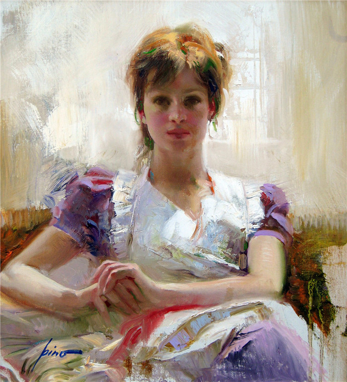 皮诺·德埃尼（Pino Daeni）油画高清-坐着的女子