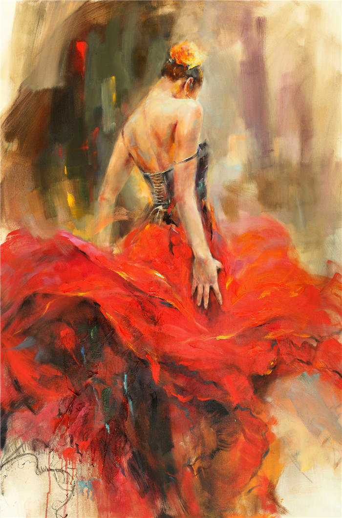 皮诺·德埃尼（Pino Daeni）油画高清-穿红裙子的女子
